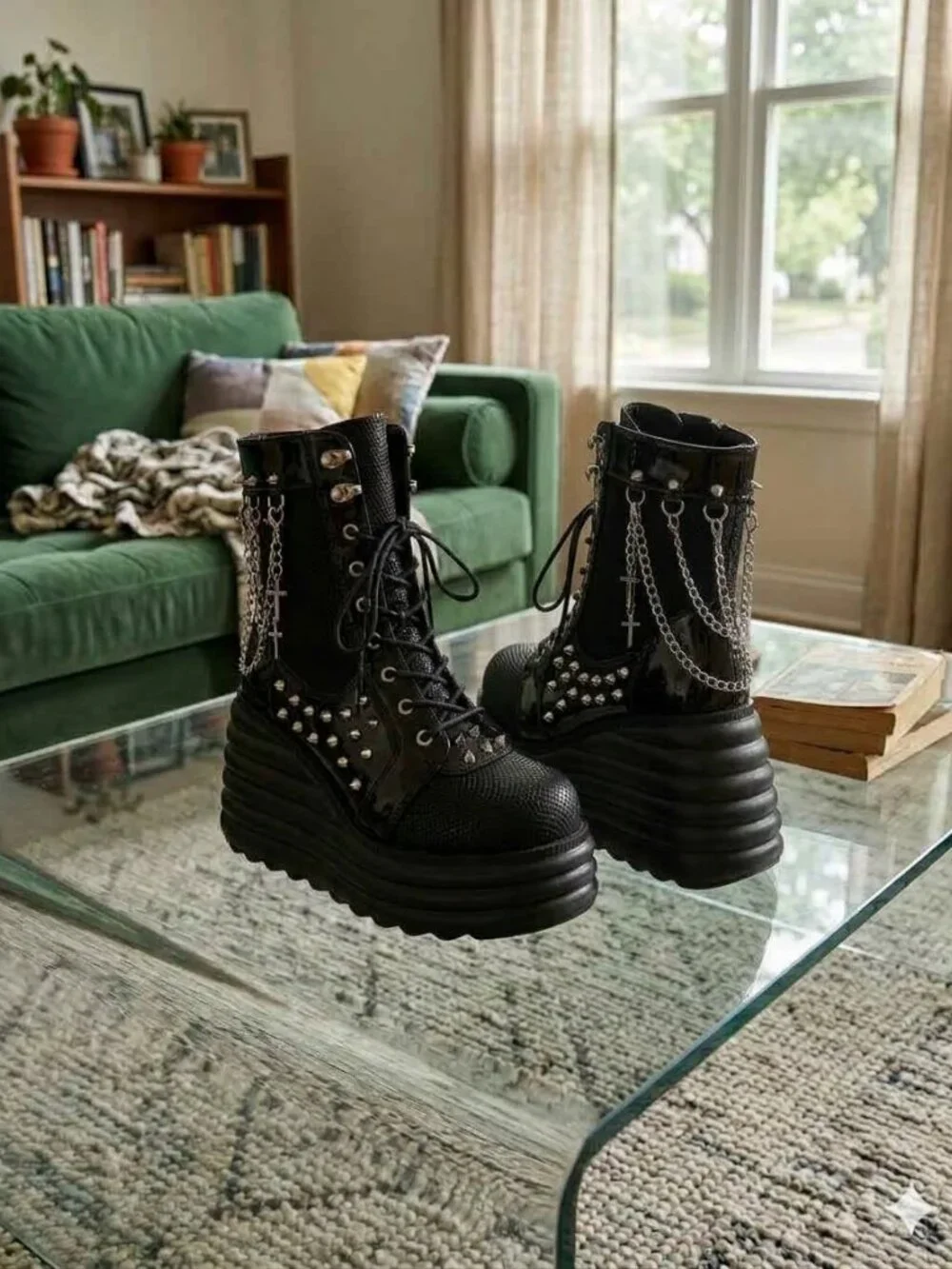 NIB Black Platform Goth Combat Boots Mesh Studded Punk Rave Ankle Booties